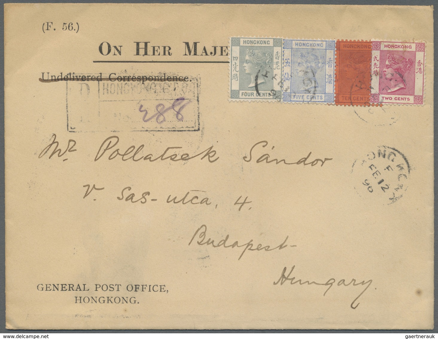 Br Hongkong: 1882/96, QV 2 C. Rosine, 4 C. Grey, 5 C. Ultra And 10 C. Lilac On Red, A Four Colour Frank - Other & Unclassified