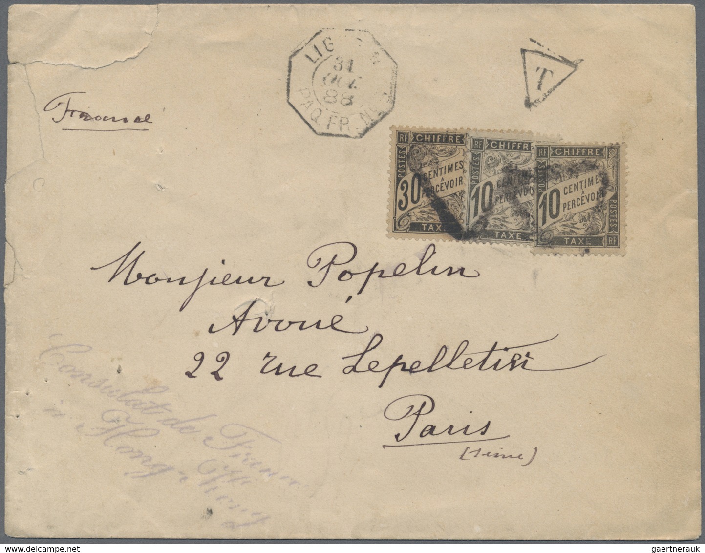 Br Hongkong: 1888. Stamp-less Envelope (roughly Opened) Written From The French Consulate In Hong Kong - Other & Unclassified