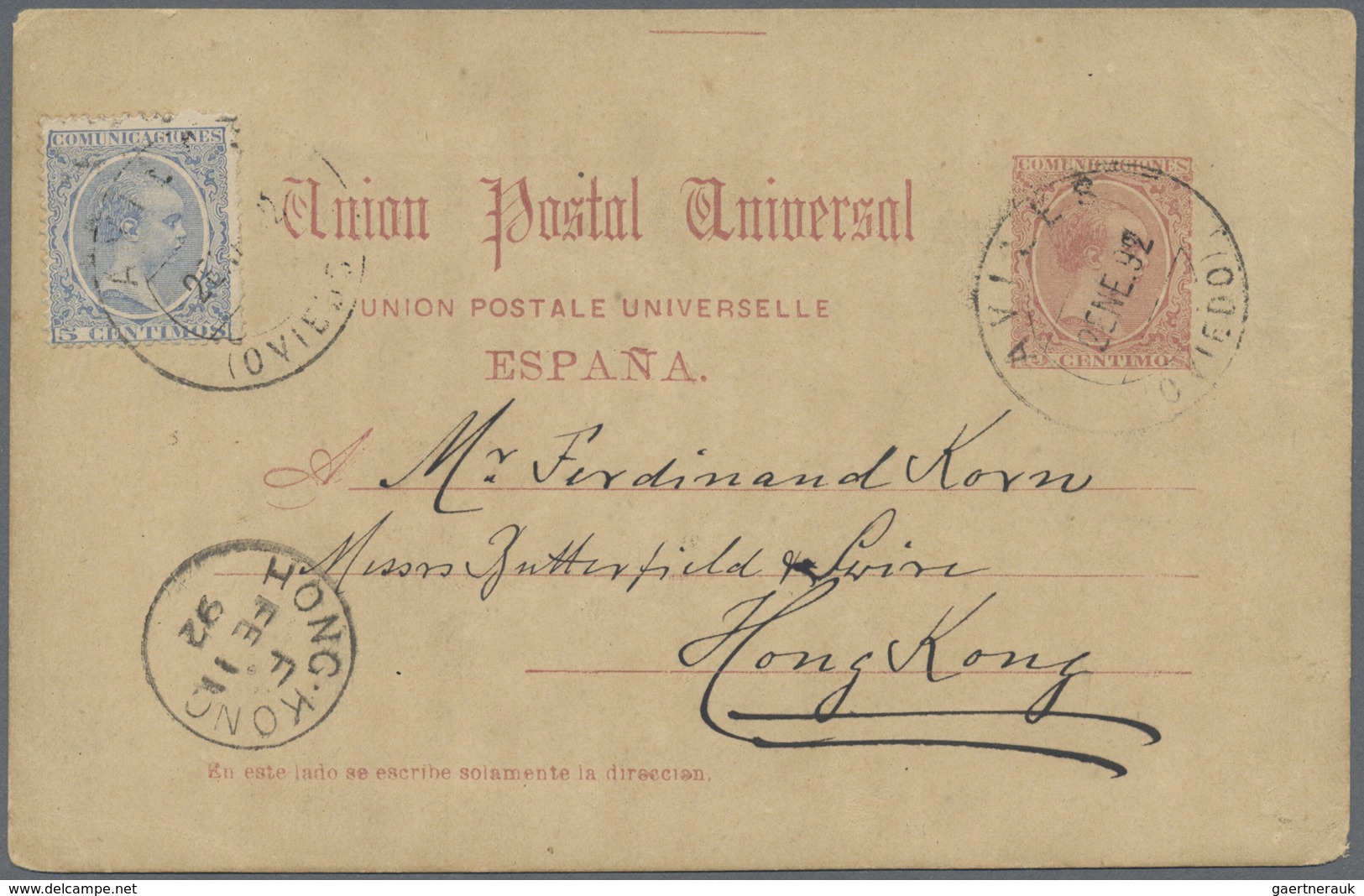 GA Hongkong: 1892. Spanish Postal Stationery Card "Alphonse" 10c Claret Upgraded With Yvert 198, 5c Blu - Other & Unclassified