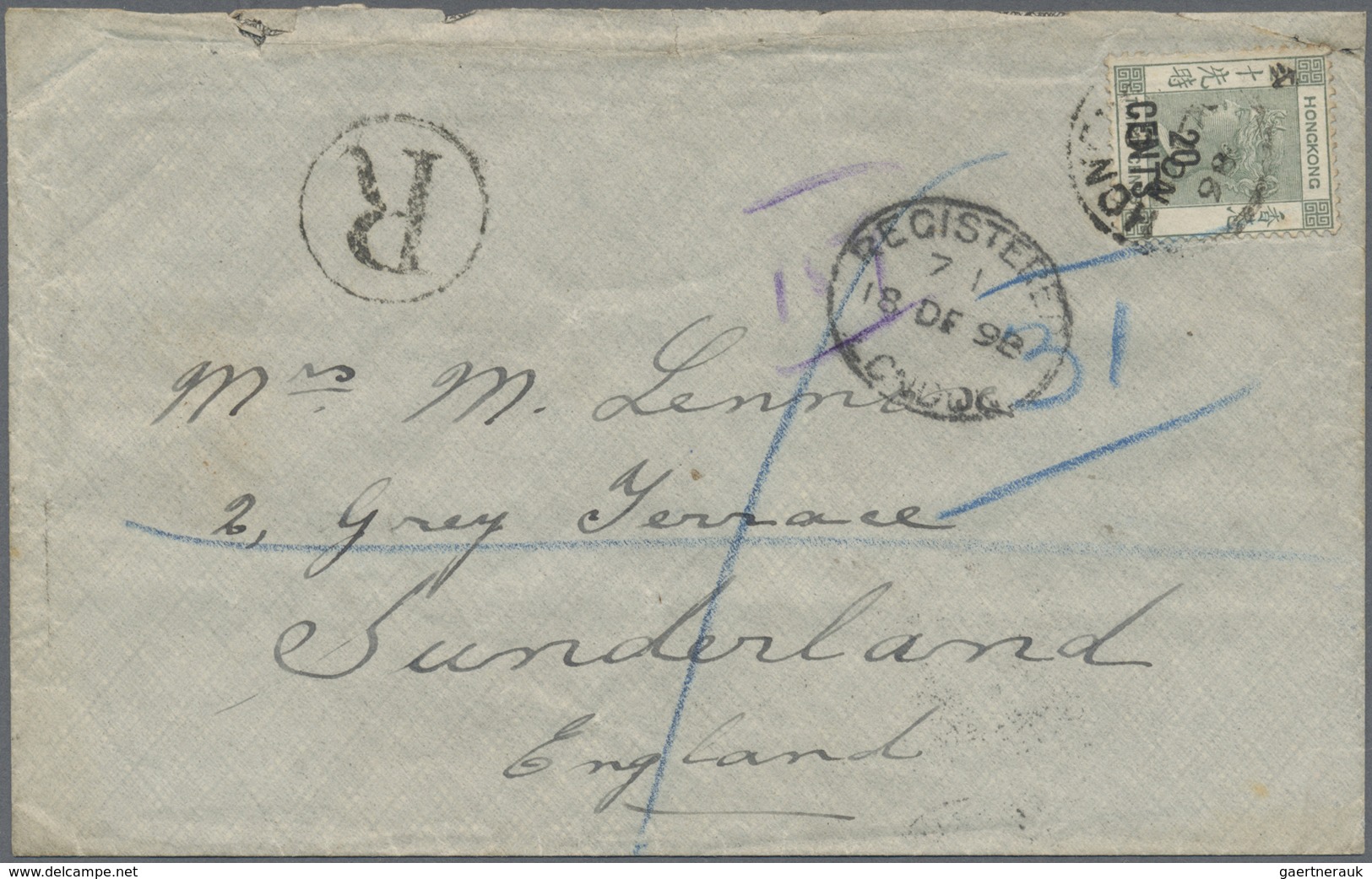 Br Hongkong: 1898. Registered Envelope (creased, Roughly Opened) To England Bearing SG 48, 20 On 30c Ye - Andere & Zonder Classificatie