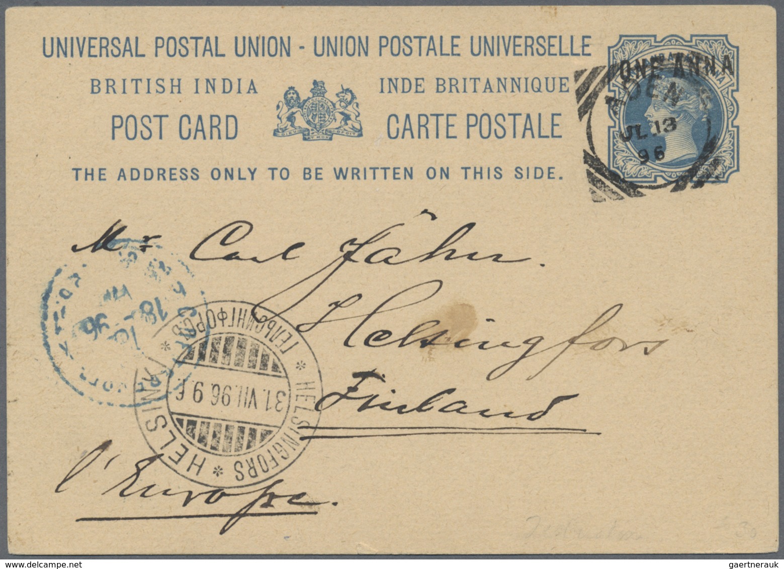 GA Indien - Used Abroad: ADEN 1896 - Destination FINLAND: Indian P/s Card 1½a. Blue Used From Aden To H - Andere & Zonder Classificatie