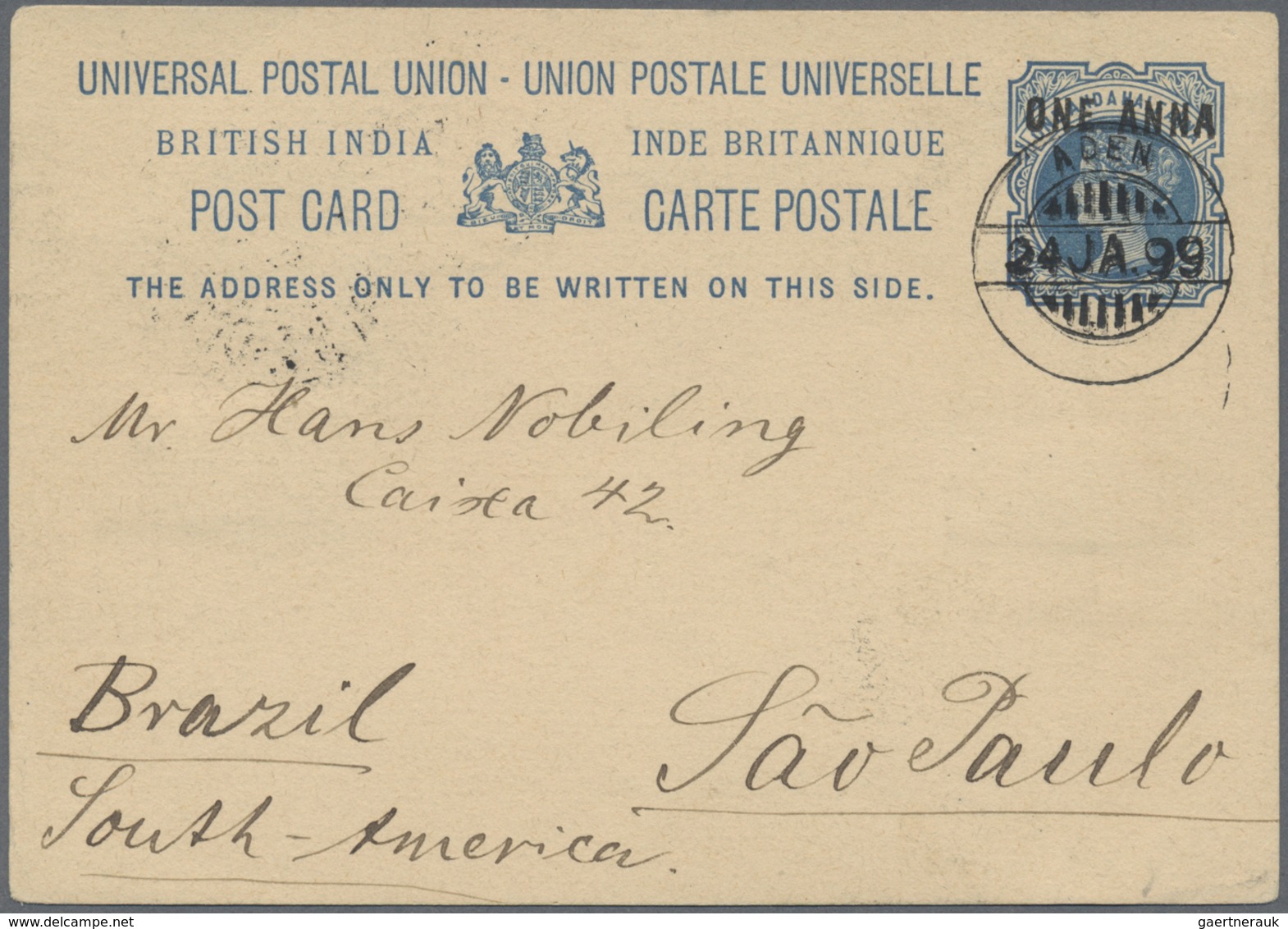 GA Indien - Used Abroad: ADEN 1899 - Destination BRAZIL: Indian P/s Card 1a. On 1½a. Blue From Aden To - Andere & Zonder Classificatie