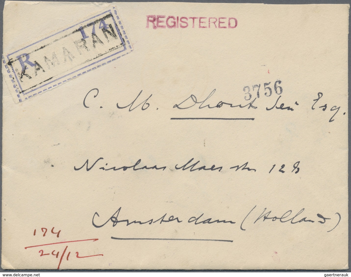 Br Indien - Used Abroad: ADEN-KAMARAN ISLAND 1929: Registered Cover To Amsterdam, Holland, (printed Rot - Andere & Zonder Classificatie