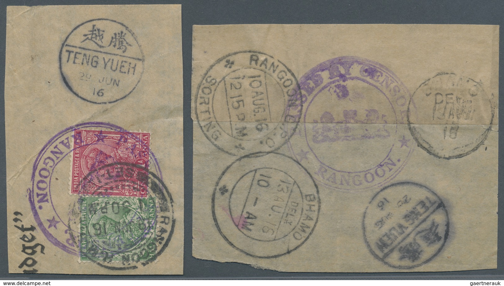 Brfst Indien - Used Abroad: BURMA 1916, WWI Censored Mail From Burma To China: Four Pieces With Violet 'Pa - Other & Unclassified