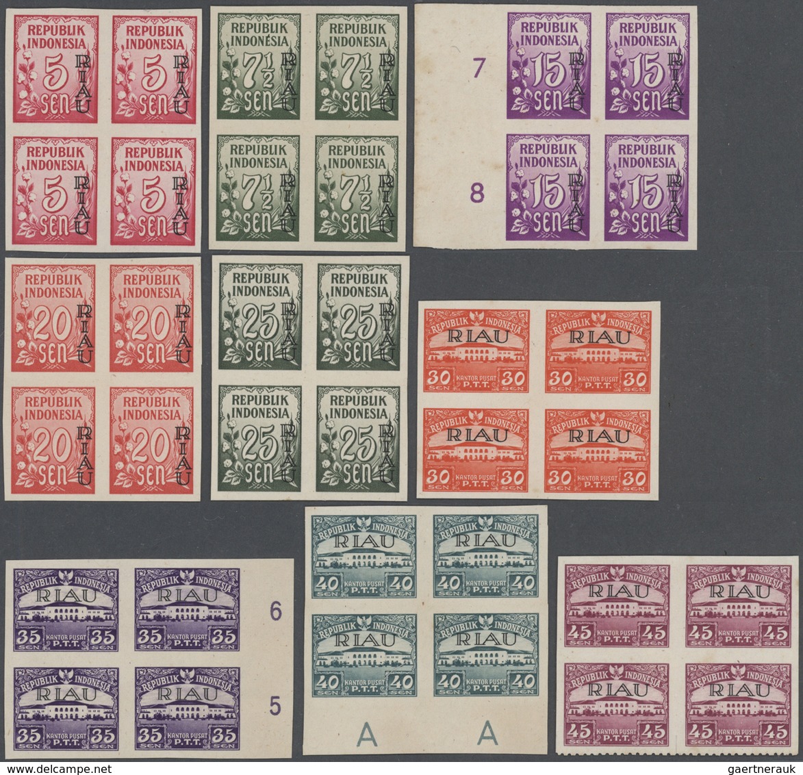 (*)/ Indonesien - Riau-Lingga: 1954, 5 S.-25 R. Totally 18 Imperforated Blocks Of Four (values 10 S, 50 S - Indonesia