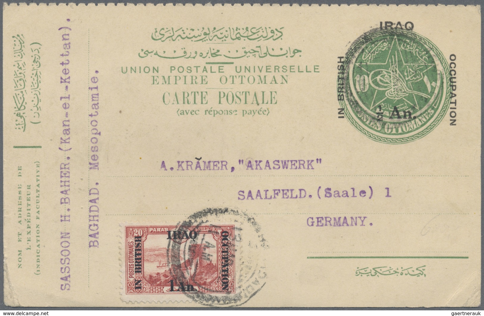 GA Irak: 1920, 1/2 An. On 20 Para Postal Stationery Questen Part With Additional Frankin 1 An. On 20 Pa - Irak