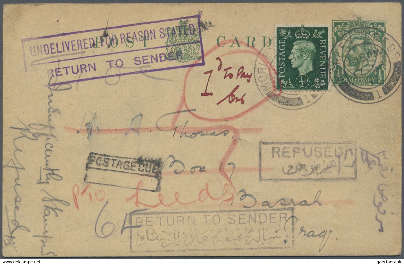 GA Irak: 1937. Great Britain Postal Stationery Card 'GV' Halfpenny Green Uprated With SG 462, ½d Green - Iraq