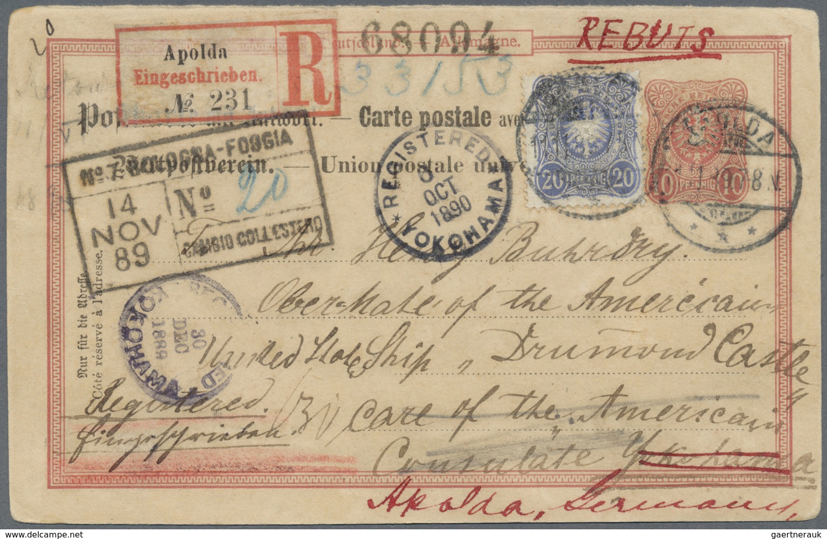 GA Japan - Besonderheiten: 1889, "REGISTERED YOKOHAMA", Two Clear Strikes Of C.d.s. On Incoming Registe - Other & Unclassified