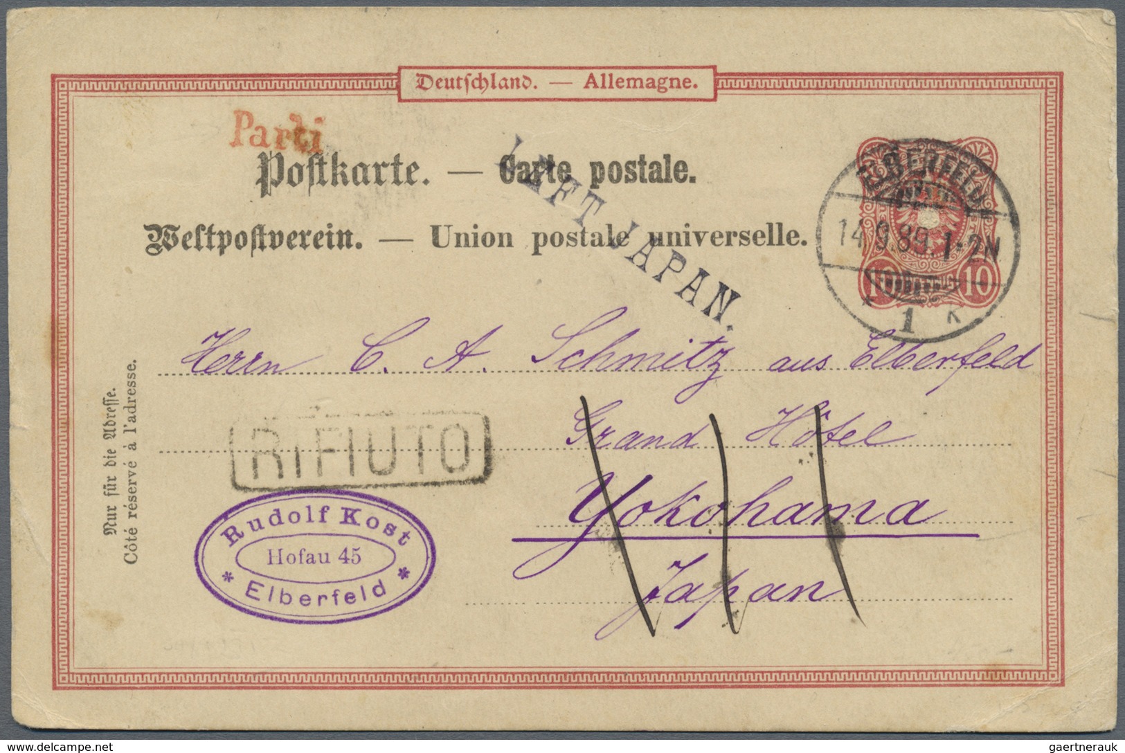 GA Japan - Besonderheiten: 1889. German Postal Stationery Card 10 Pf Red Written From Elberfeld To The - Other & Unclassified