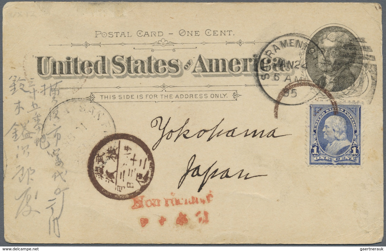 GA Japan - Besonderheiten: 1895. U.S Postal Stationery Card 1c Black Upgraded With Yvert 70, 1c Blue Ti - Andere & Zonder Classificatie