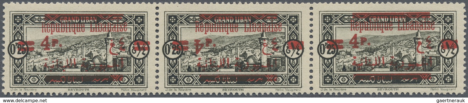 ** Libanon: 1928, 4pi. On 0.25pi. Greenish Black, Horiz. Strip Of Three, Centre Stamp Showing Variety " - Libanon