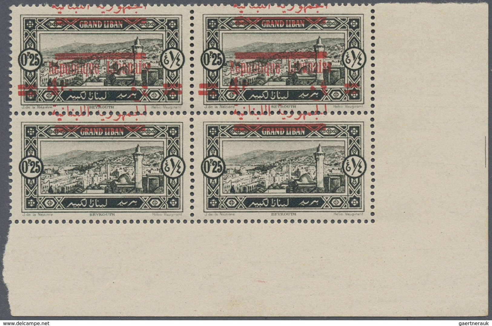 ** Libanon: 1928, 4pi. On 0.25pi. Greenish Black, Marginal Block Of Four From The Lower Right Corner Of - Libanon