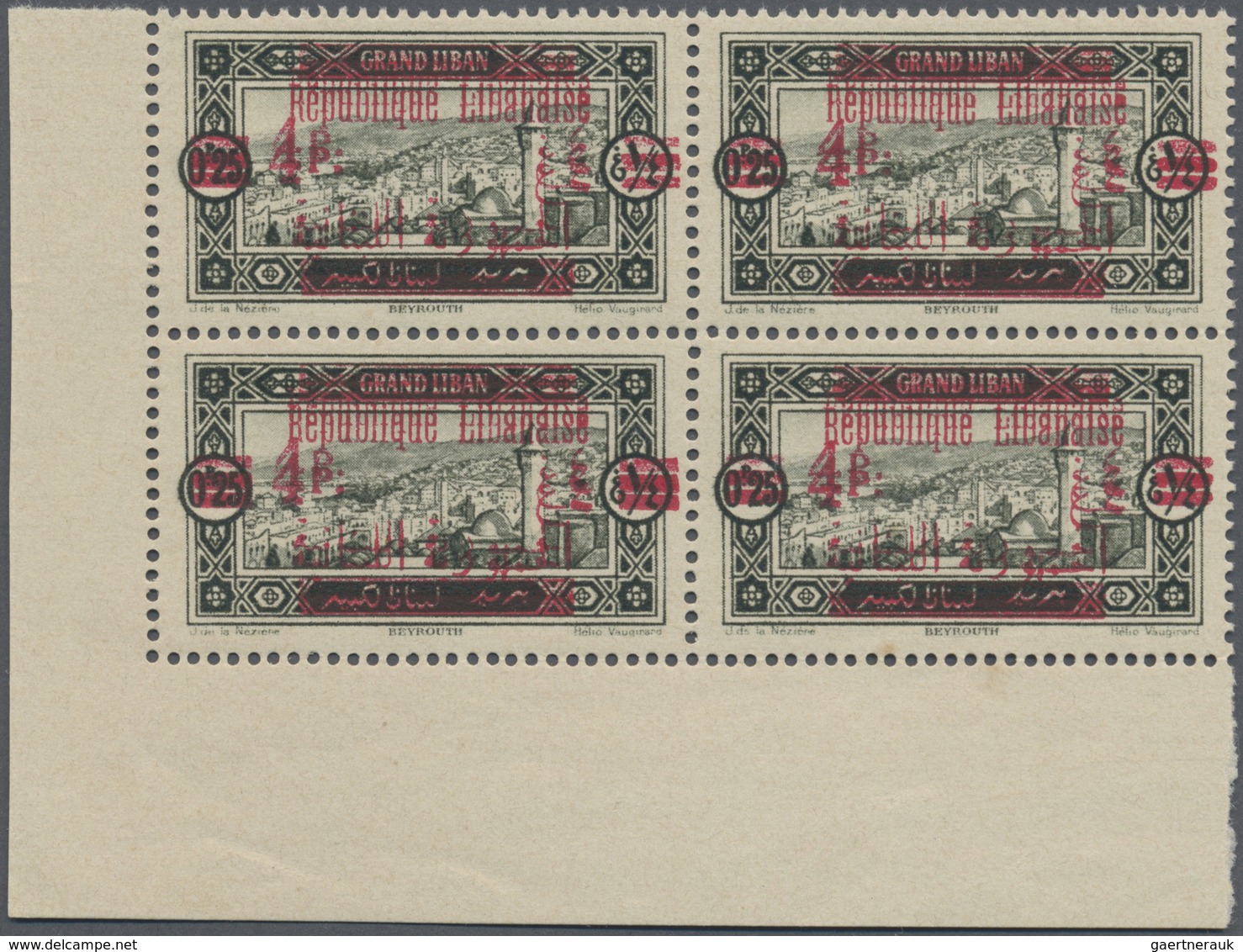 ** Libanon: 1928, Definitive 0.25pia. Olive Black With Red Bilingual DOUBLE Opt. '4P. / Republique Liba - Libanon