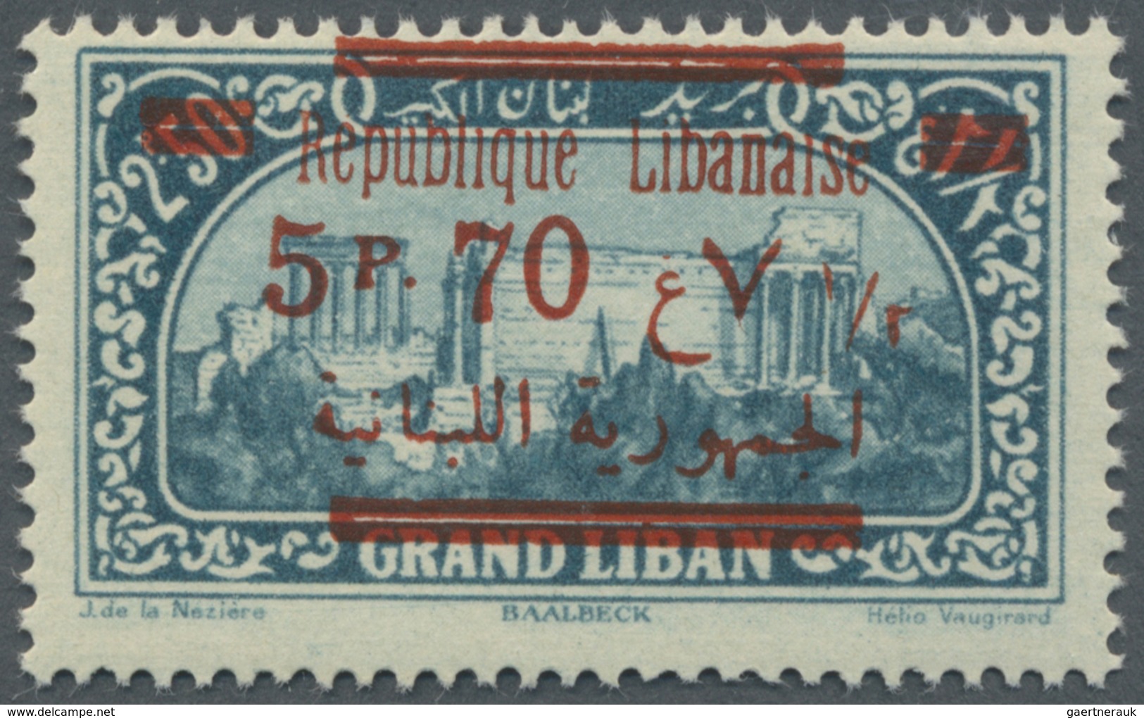 ** Libanon: 1928, 7.50pi. On 2.50pi. Greenish Blue Showing "5.70pi.", Unmounted Mint. Very Rare Variety - Lebanon