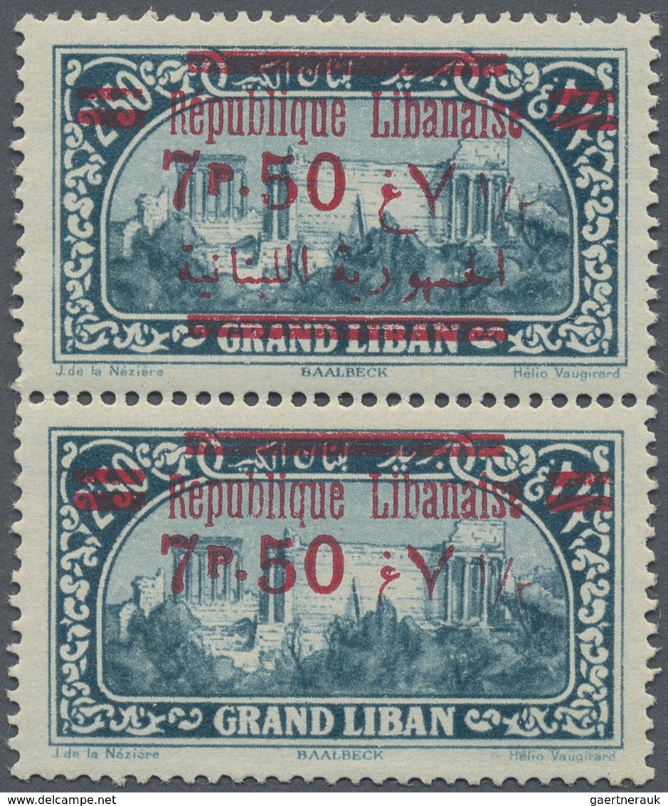 ** Libanon: 1928, 7.50pi. On 2.50pi. Greenish Blue, Vertical Pair, Lower Stamp "missing Bar At Base", - Libanon