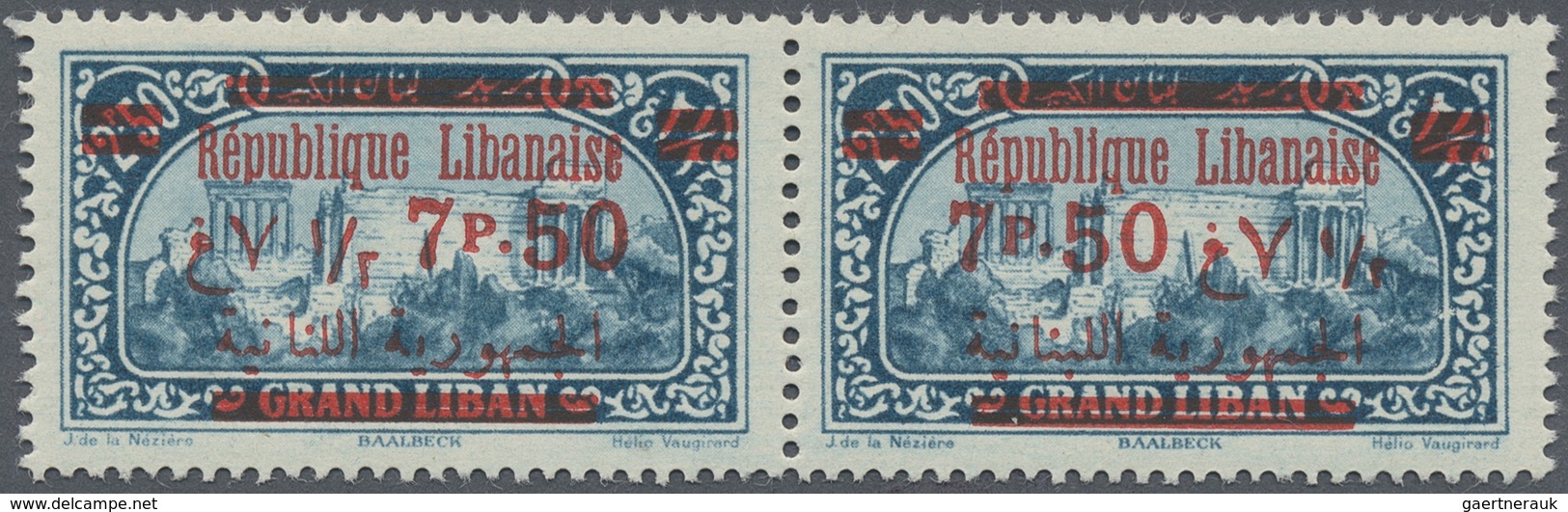 **/* Libanon: 1928, 7.50pi. On 2.50pi. Greenish Blue, Horiz. Pair, Left Stamp Showing "French And Arabic - Lebanon