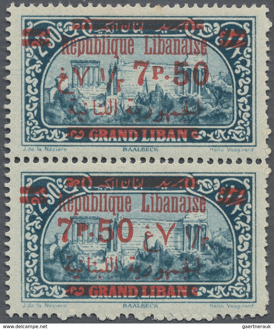 */** Libanon: 1928, 7.50pi. On 2.50pi. Greenish Blue, Vertical Pair, Top Stamp Showing "French And Arabic - Lebanon