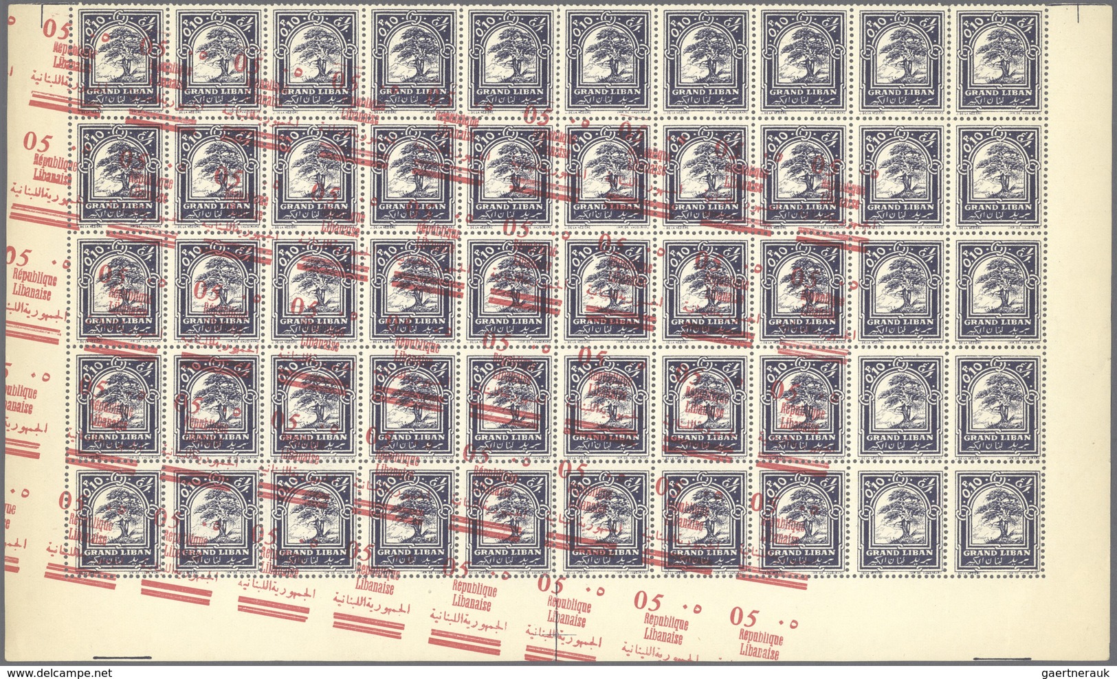 ** Libanon: 1928, 5pi. On 0.10pi. Blue, Unit Of 50 Stamps (lower Part Of The Sheet - Folded And Partly - Lebanon