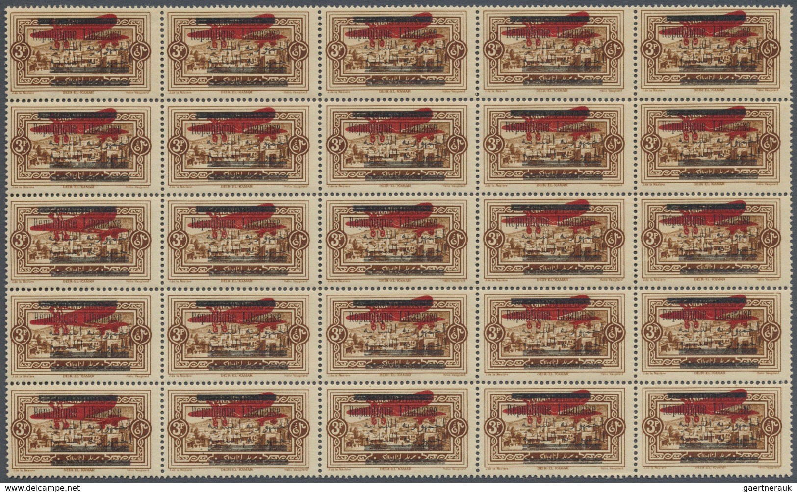 ** Libanon: 1928, Airmails, 3pi. Brown With Double Overprint Of Arabic Inscription, Block Of 25, Unmoun - Libanon