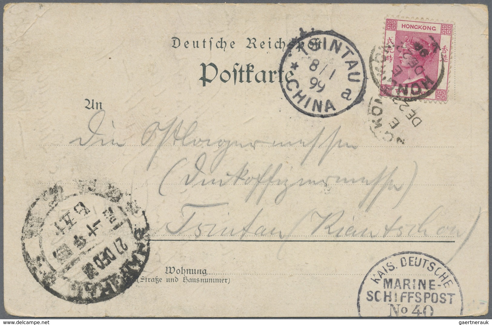 China - Incoming Mail: Hong Kong, 1899, QV 2 C. Tied "HONG KONG E DE 22 98" To Ppc (german Protected - Andere & Zonder Classificatie