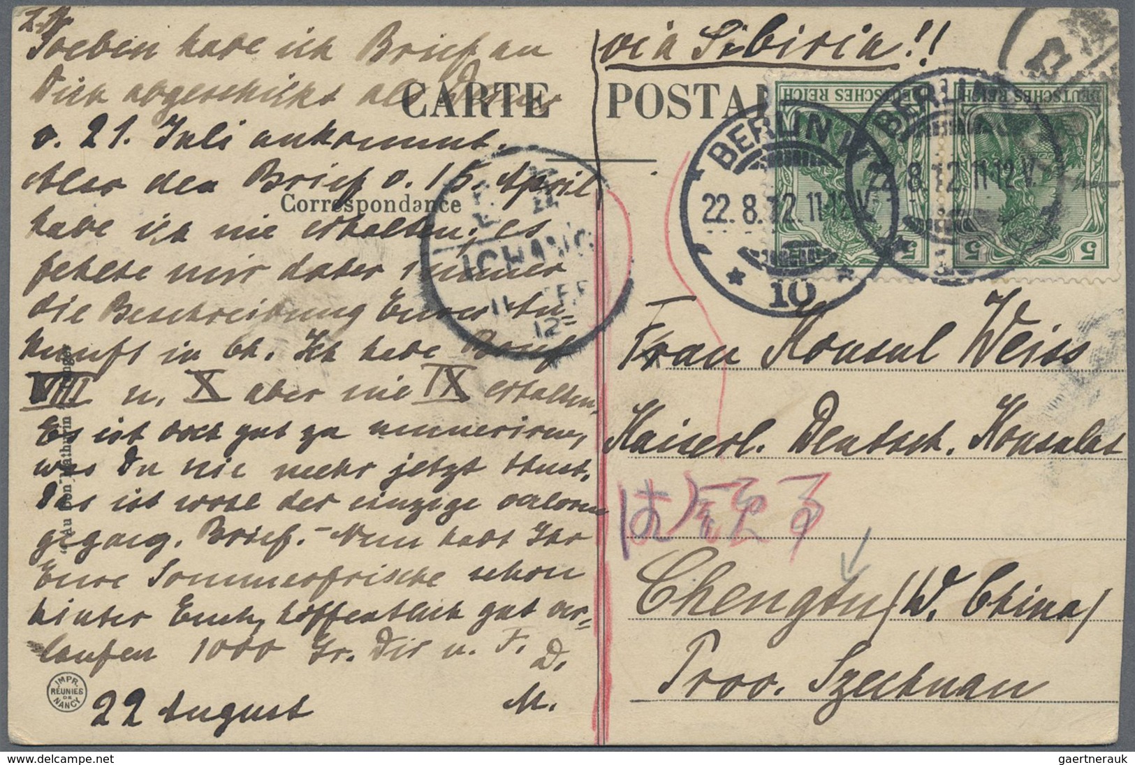 China - Incoming Mail: Germany, 1912, Ppc "BERLIN 22.8.12" To German Consulate Chengdu/Szechuan, Tra - Andere & Zonder Classificatie