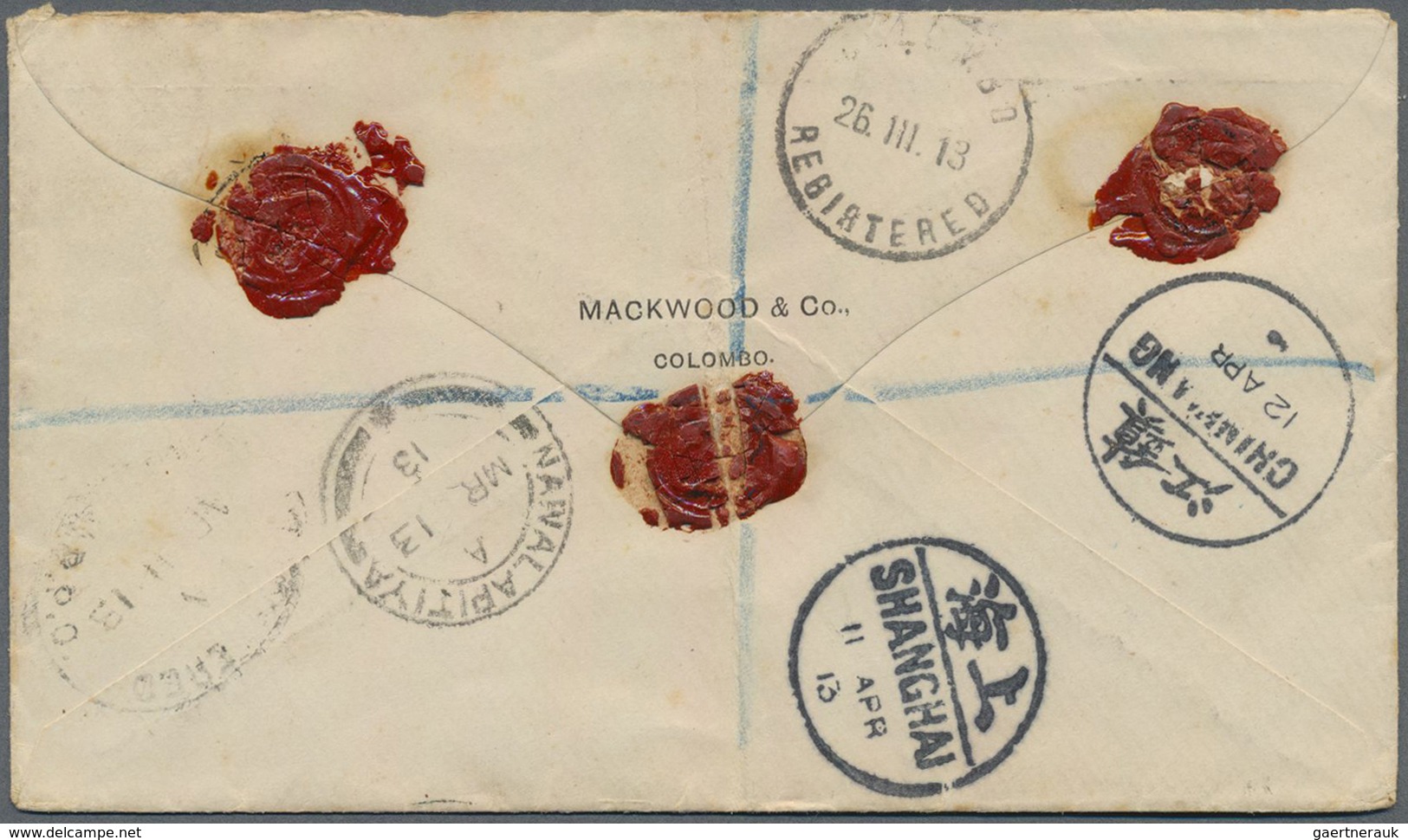 Br China - Incoming Mail: 1913, Ceylon, KGV 5 C. (5, Strip-3 And Pair) Tied "NAWALAPOTIYA MR 13 13" To - Other & Unclassified