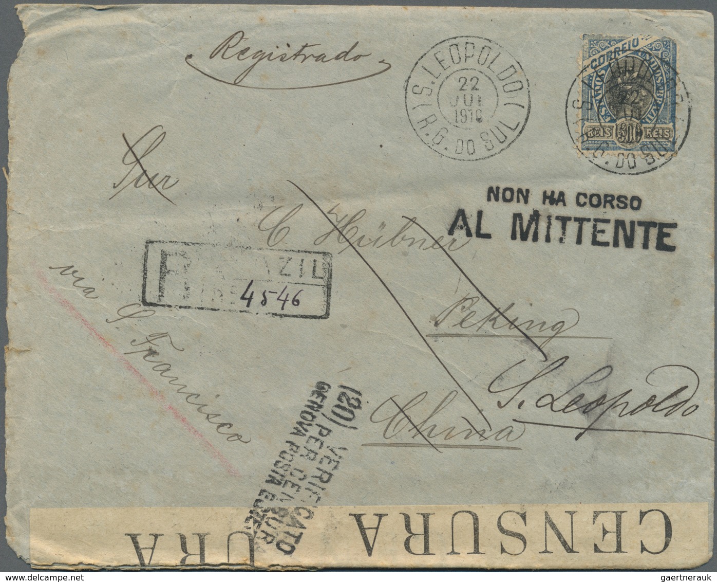 Br China - Incoming Mail: 1916, Brazil To Peking Transit Blocked In Italy Due To WWI: 500 R. (RC) Tied - Other & Unclassified