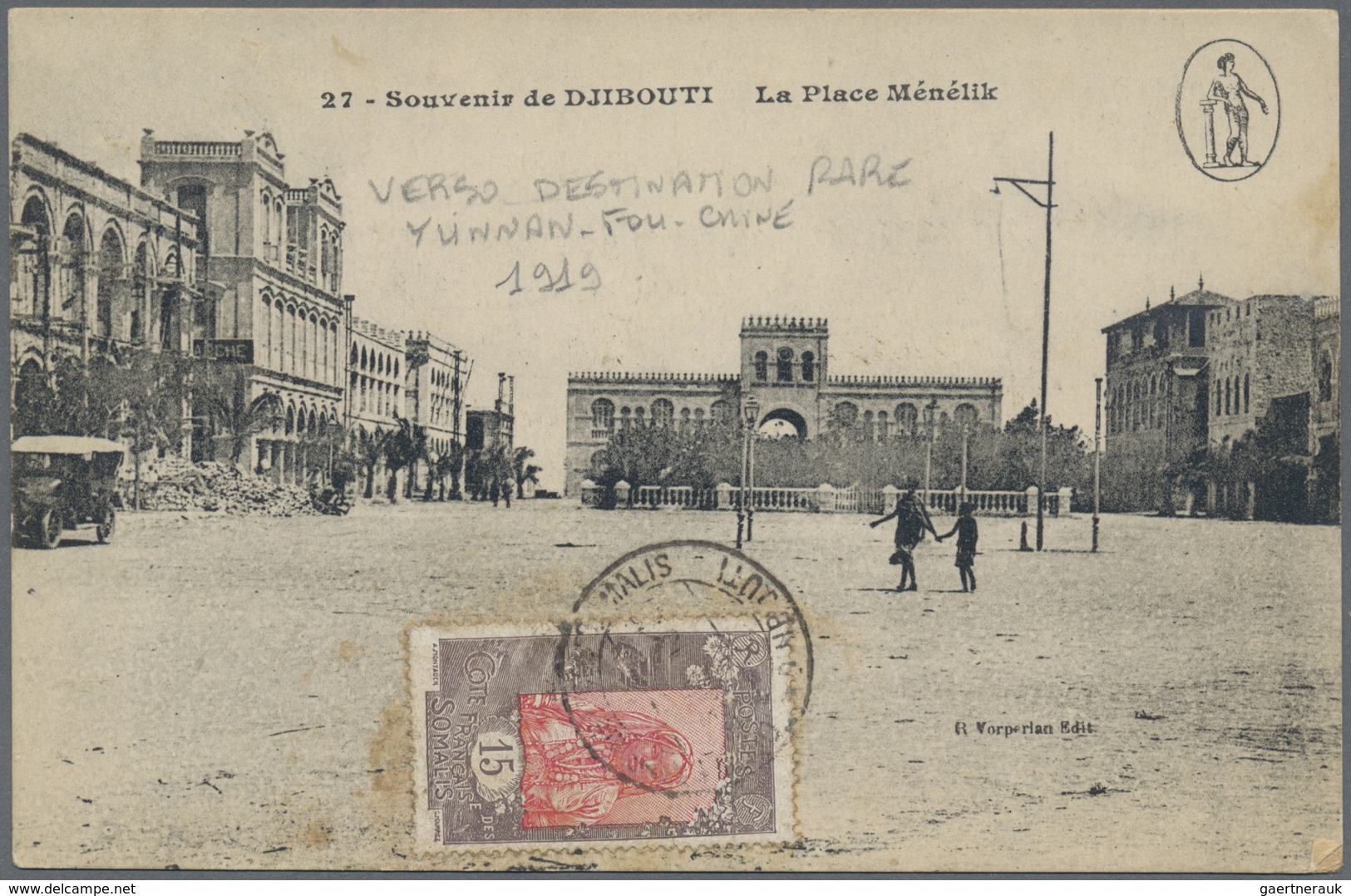 Br China - Incoming Mail: Djibouti, 1919. Picture Post Card 'La Place Menelik' Addressed To Hanoi Beari - Andere & Zonder Classificatie