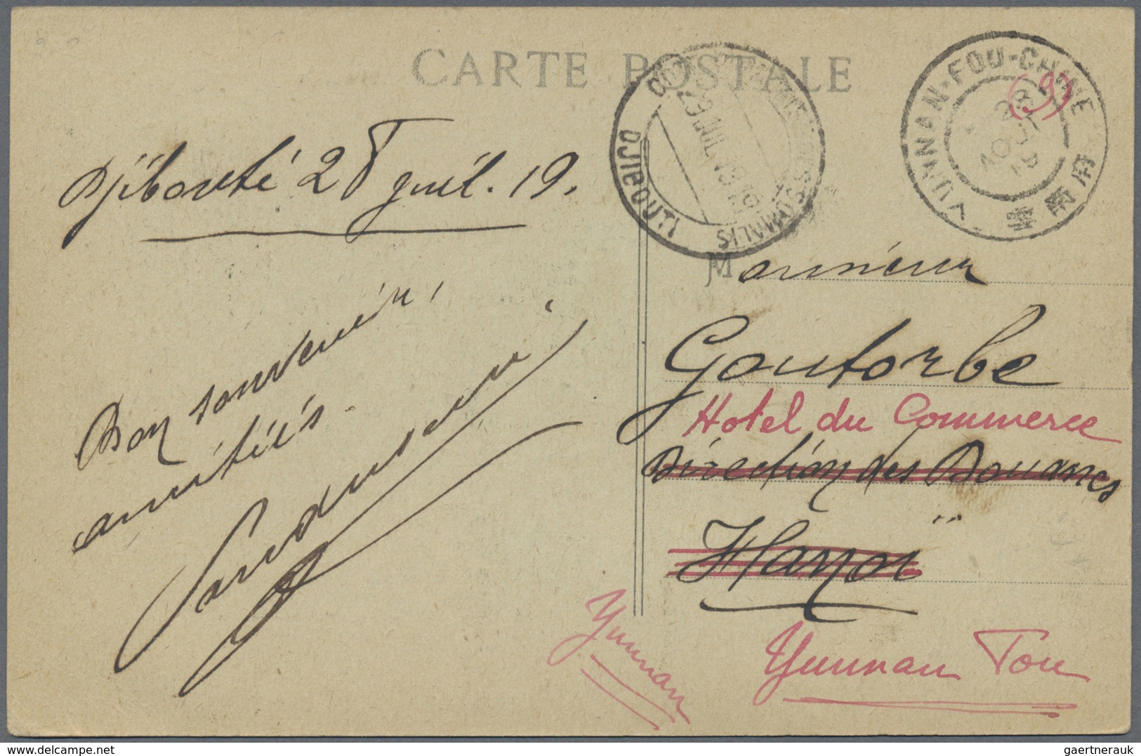 Br China - Incoming Mail: Djibouti, 1919. Picture Post Card 'La Place Menelik' Addressed To Hanoi Beari - Autres & Non Classés