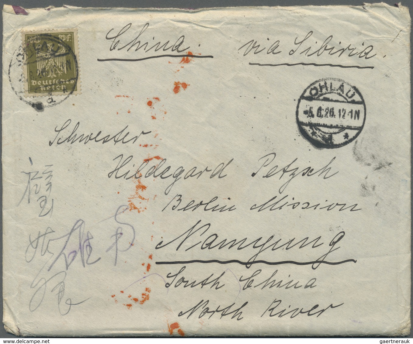 Br China - Incoming Mail: 1926, Germany 40 Pf. Tied "BÖHLAU 6.8.26" To Cover Via Siberia To Sister Pets - Other & Unclassified