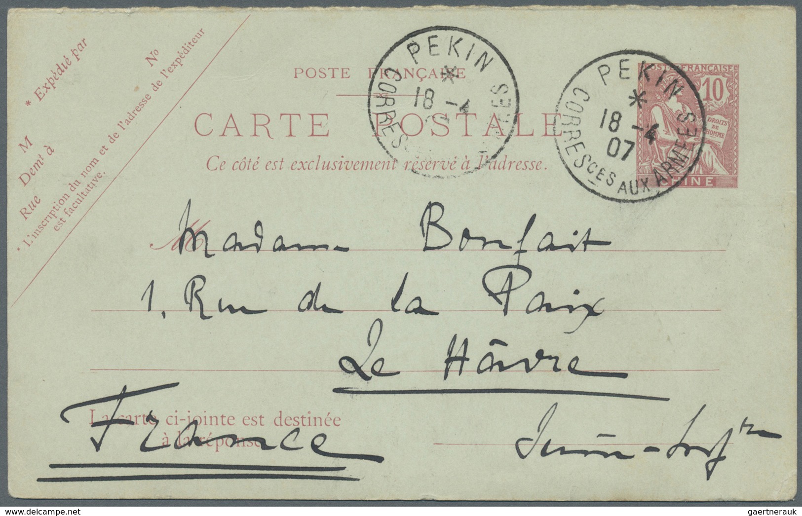 GA China - Fremde Postanstalten / Foreign Offices: 1907. French China Postal Stationery Card 10c Red Ca - Other & Unclassified