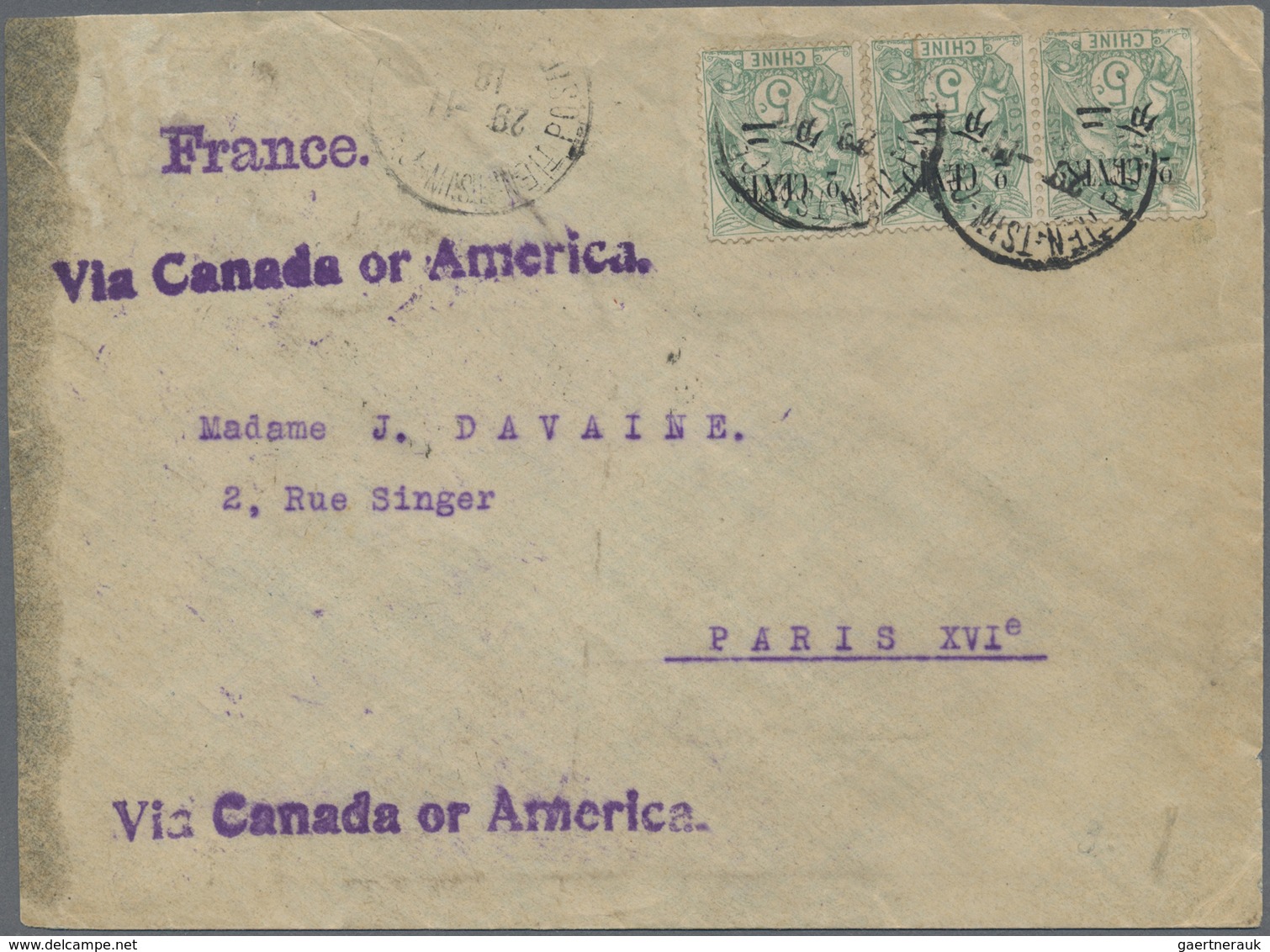 Br China - Fremde Postanstalten / Foreign Offices: French Offices, 1918. Envelope (soiled) Addressed To - Other & Unclassified