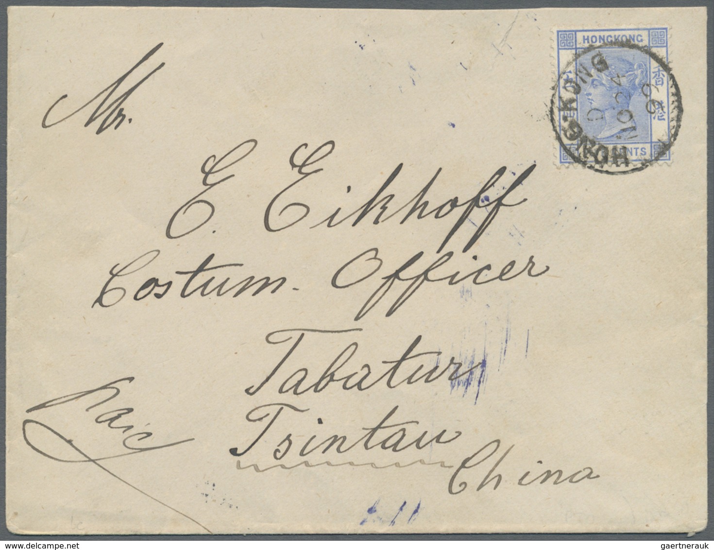 Br China - Besonderheiten: 1899. Envelope Addressed To 'Customs Officer, Tsintau, China' Bearing Hong K - Other & Unclassified