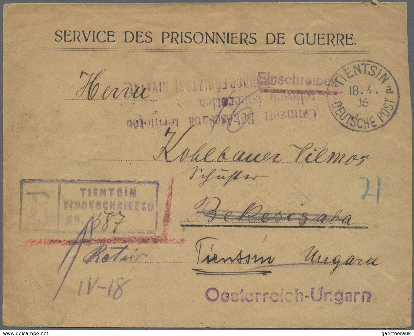 Br China - Besonderheiten: German Offices, , Tientsin, POW Mail, Envelope Imprinted "SDPDG" Of Tientsin - Andere & Zonder Classificatie