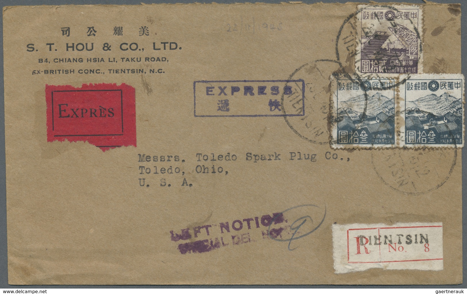 Br China - Besonderheiten: 1945. Registered Air Mail Express Envelope Addressed To Toledo Bearing Japan - Other & Unclassified