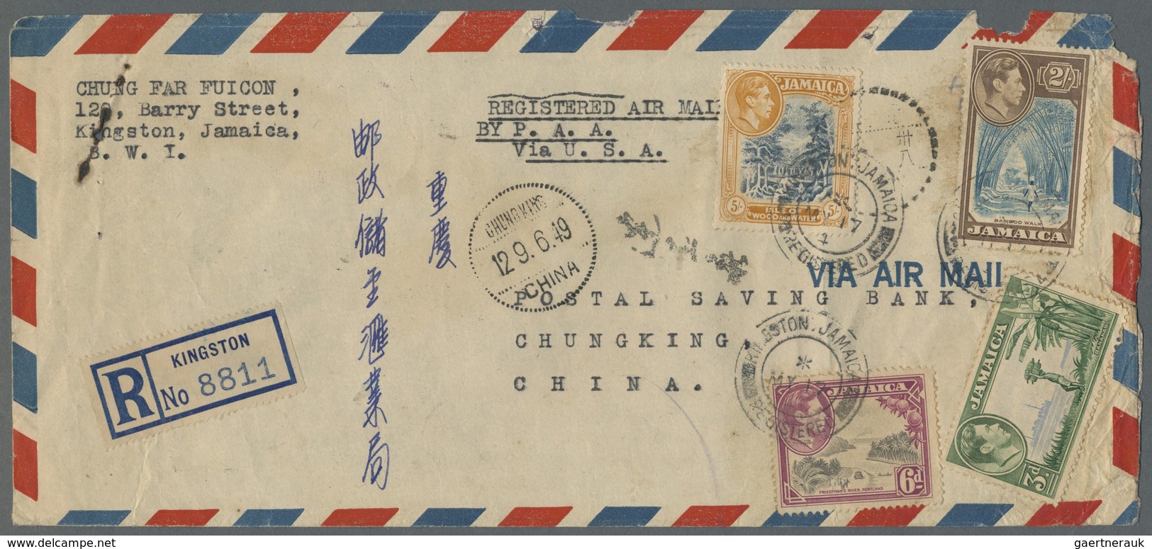 Br China - Besonderheiten: Incoming Mail, 1949, Jamaica, KGVI 7 Sh. 9d Frank Tied "KINGSTON JAMAICA REG - Andere & Zonder Classificatie