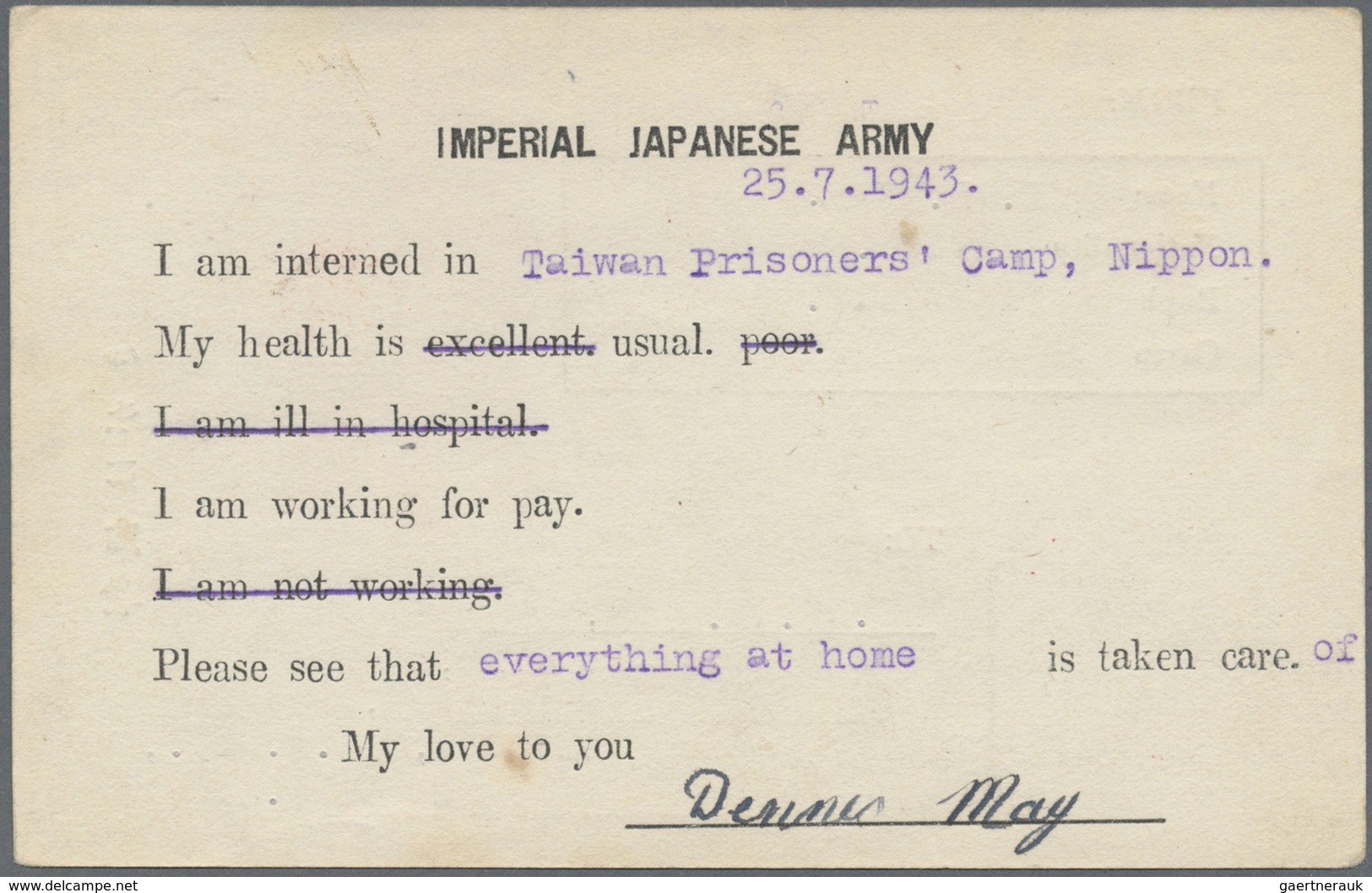 Br China - Taiwan (Formosa): 1943. Prisoner Of War 1st Taiwan Card Dated '25/7/ 1943' Headed 'Service D - Other & Unclassified