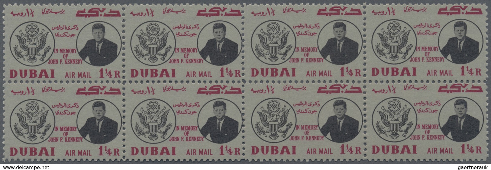 ** Dubai: 1964, Death Anniversary Of John F. Kennedy 1¼r. With OFFSET Of Red Inscriptions In A Perf. Bl - Dubai