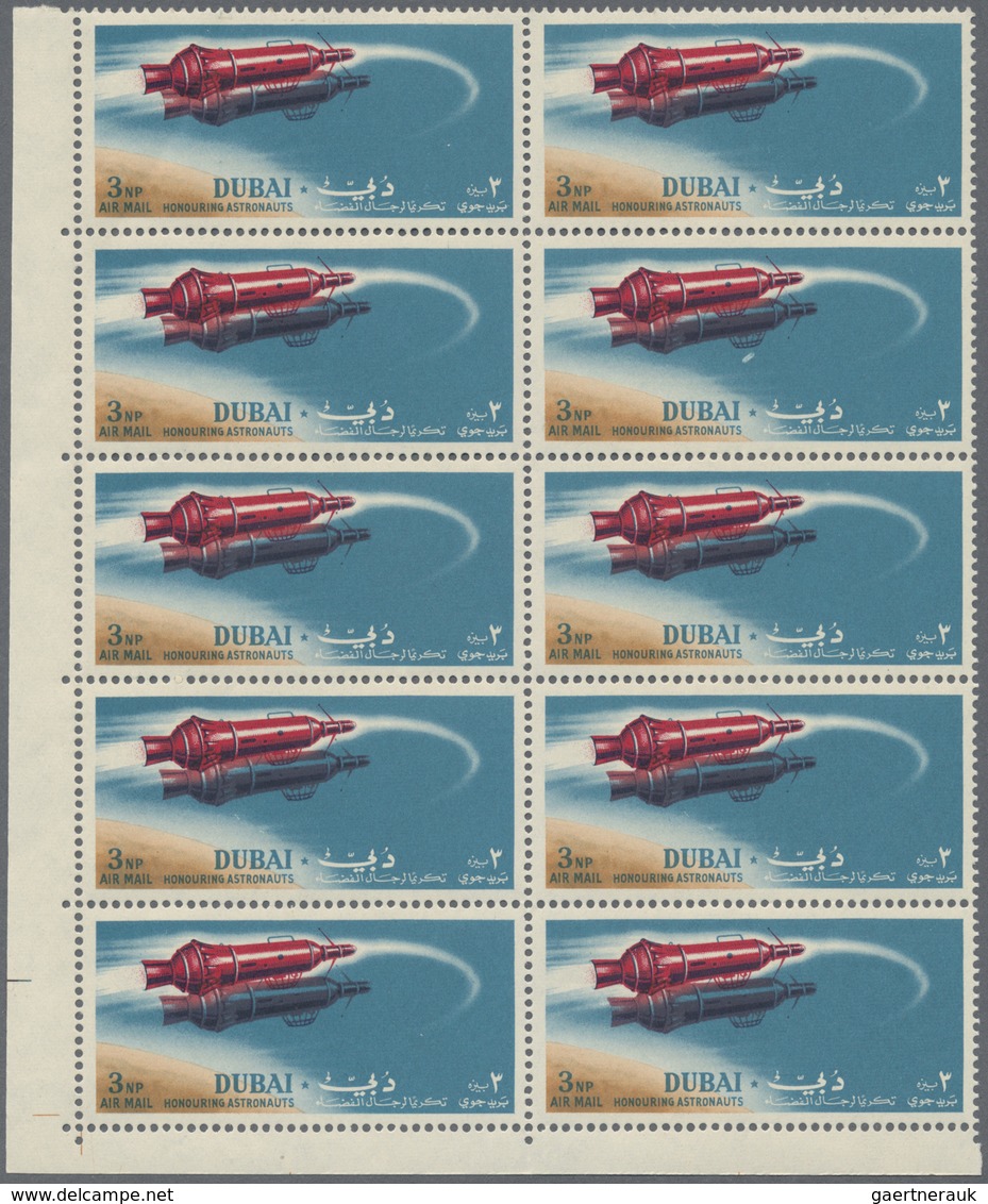 ** Dubai: 1964, Space Travel 3np. 'Spacecraft' With DOUBLE PRINT Of SPACECRAFT In A Perf. Block Of 10 F - Dubai