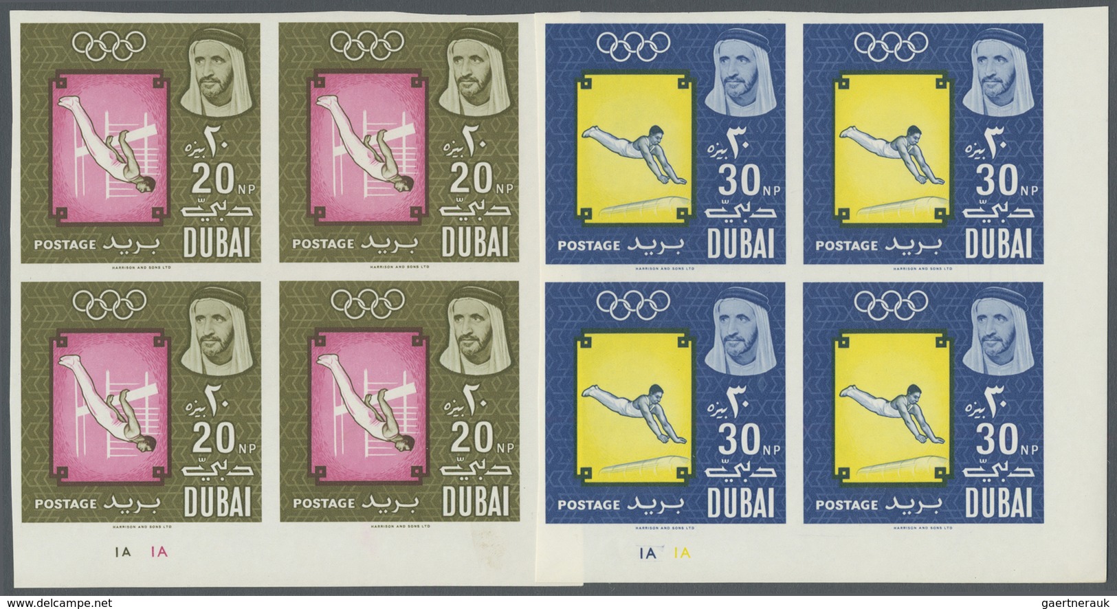 ** Dubai: 1964, Olympic Games Tokyo Imperforate, 1np. To 1r., Complete Set Of Ten Values As Plate Block - Dubai