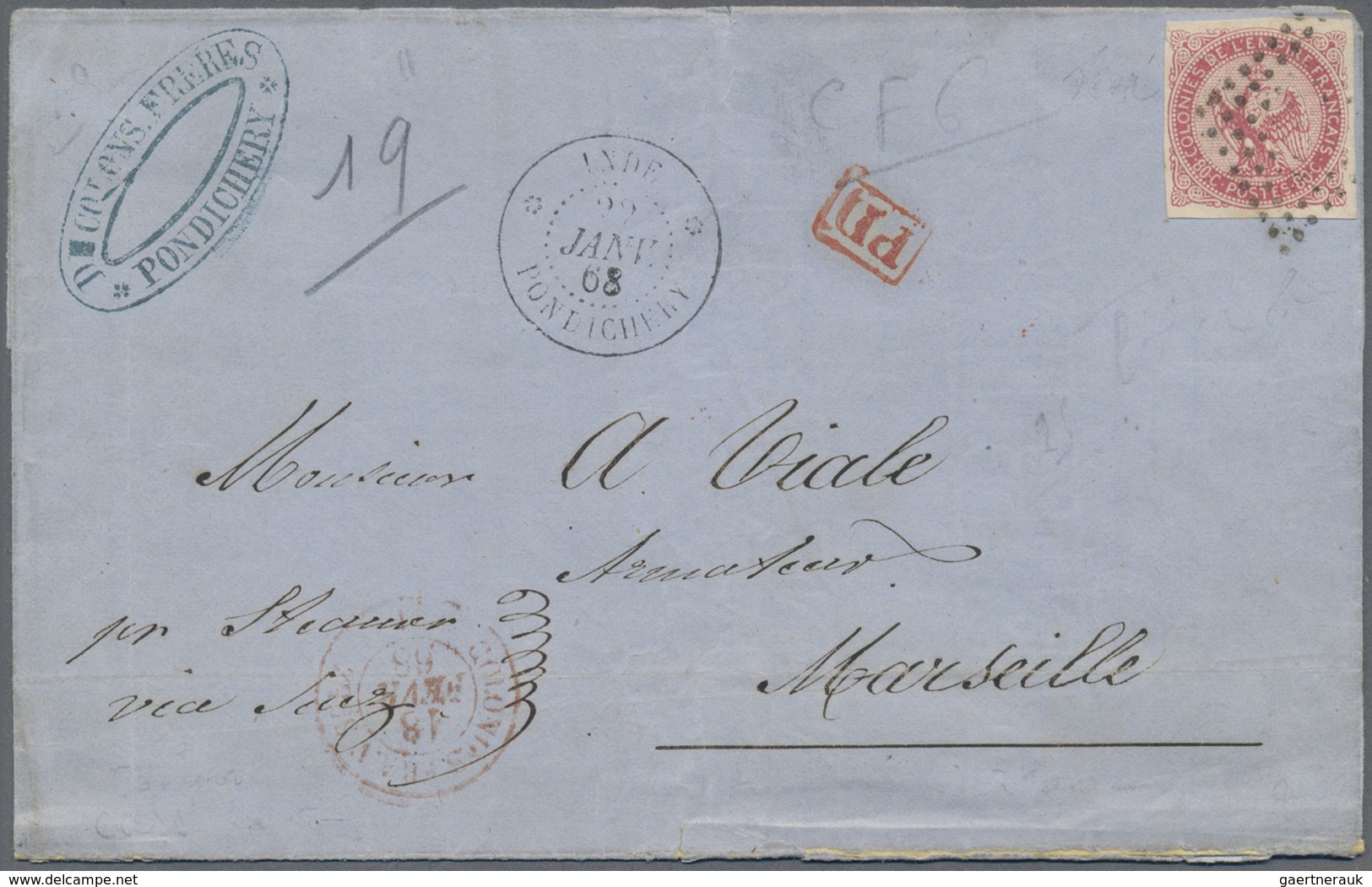 Br Französisch-Indien: 1868, 80c. Rose "Eagle", Single Franking On Lettersheet From Pondicherry To Mars - Covers & Documents