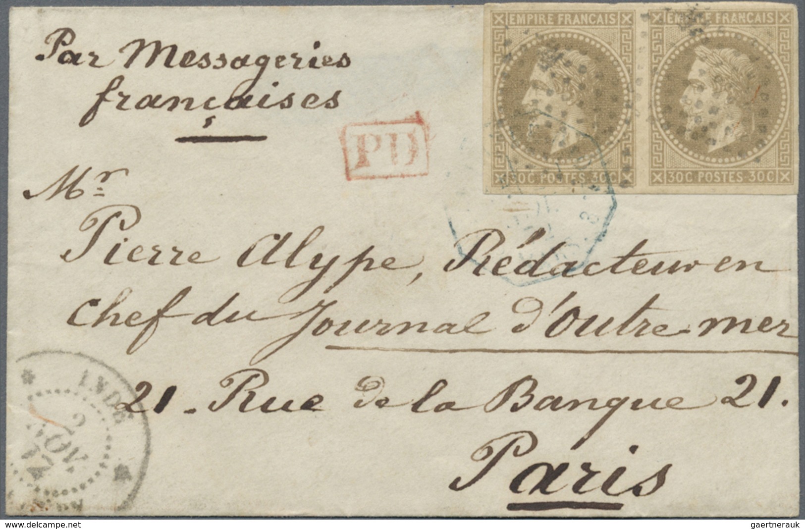 Br Französisch-Indien: 1872. Envelope Addressed To France Bearing French General Colonies Yvert 9, 30c - Brieven En Documenten