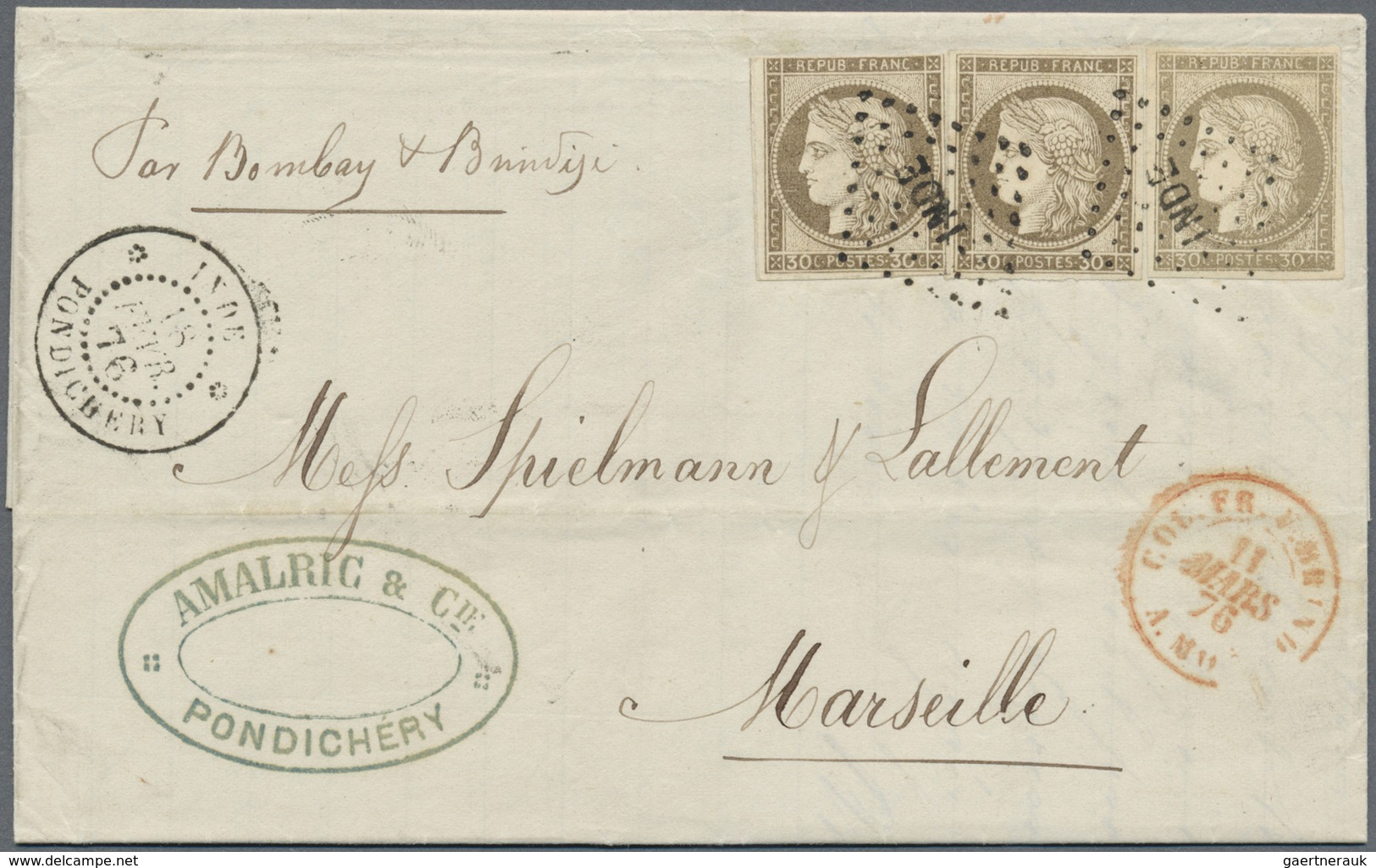 Br Französisch-Indien: 1876. Envelope Addressed To France Bearing French General Colonies Yvert 20, 30c - Covers & Documents