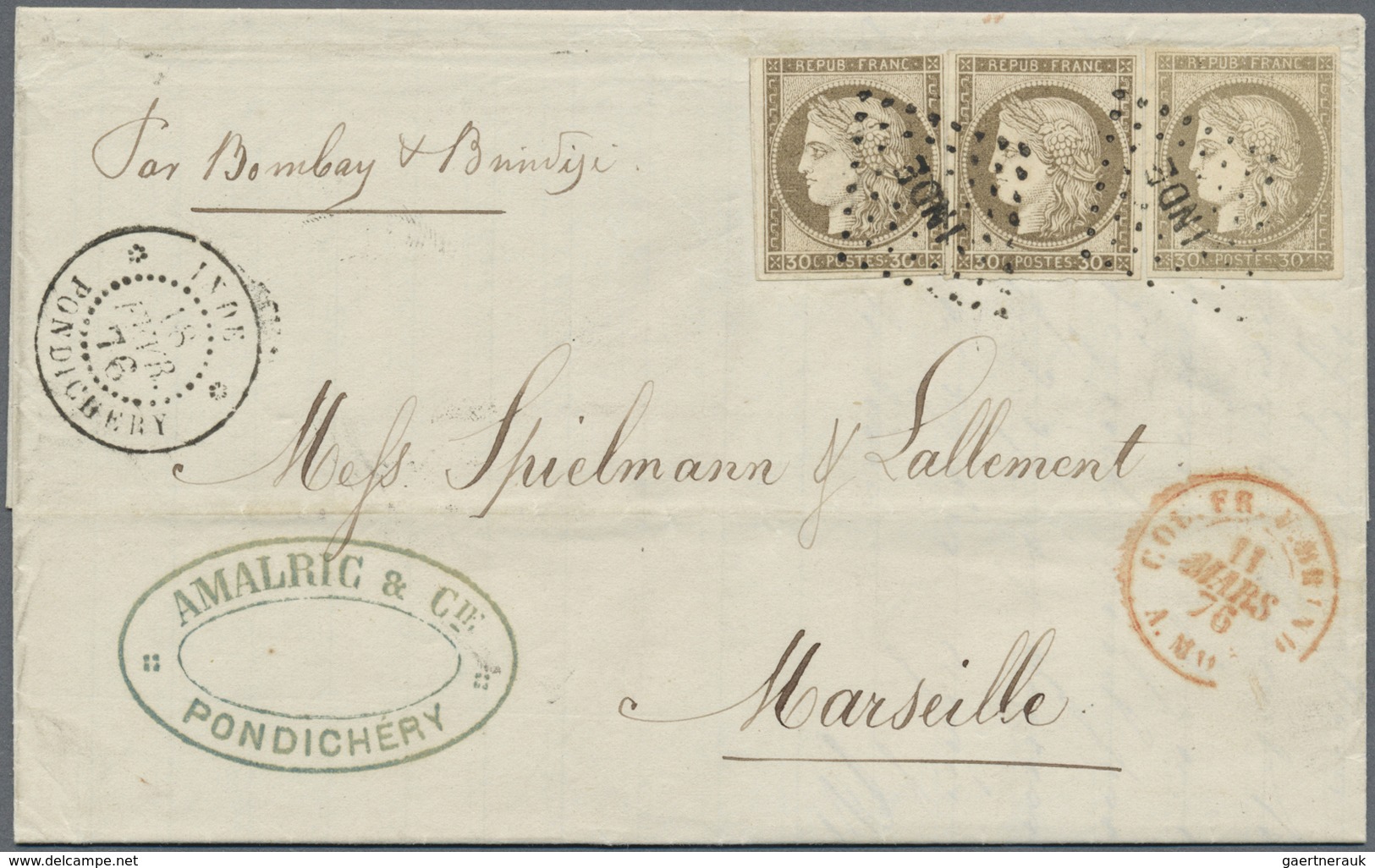 Br Französisch-Indien: 1876. Envelope Addressed To France Bearing French General Colonies Yvert 20, 30c - Brieven En Documenten