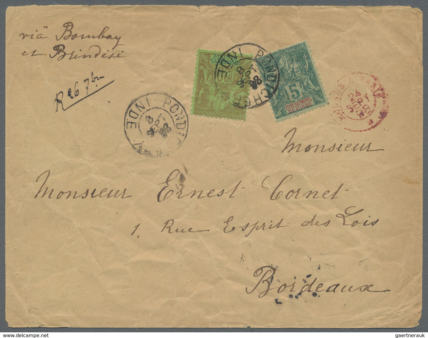 Br Französisch-Indien: 1898. Envelope (creases) To France Bearing Yvert 4, 5c Green And Yvert 7, 20c Ye - Brieven En Documenten