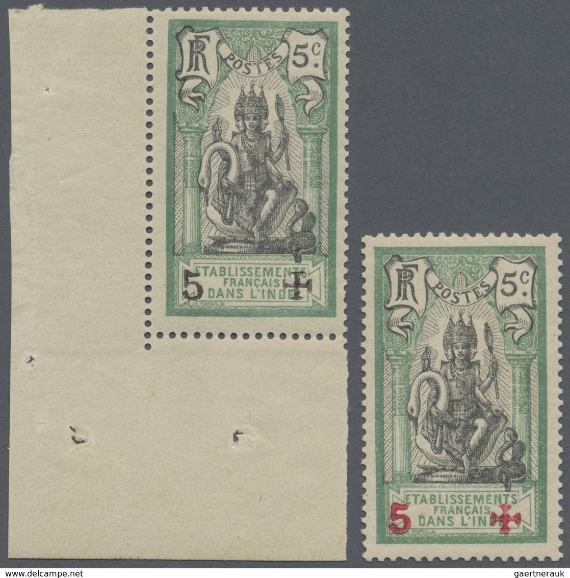 * Französisch-Indien: 1915/1916, Red Cross, 5c. Green/black With "5 +" Overprint In Red And Black Resp - Unused Stamps