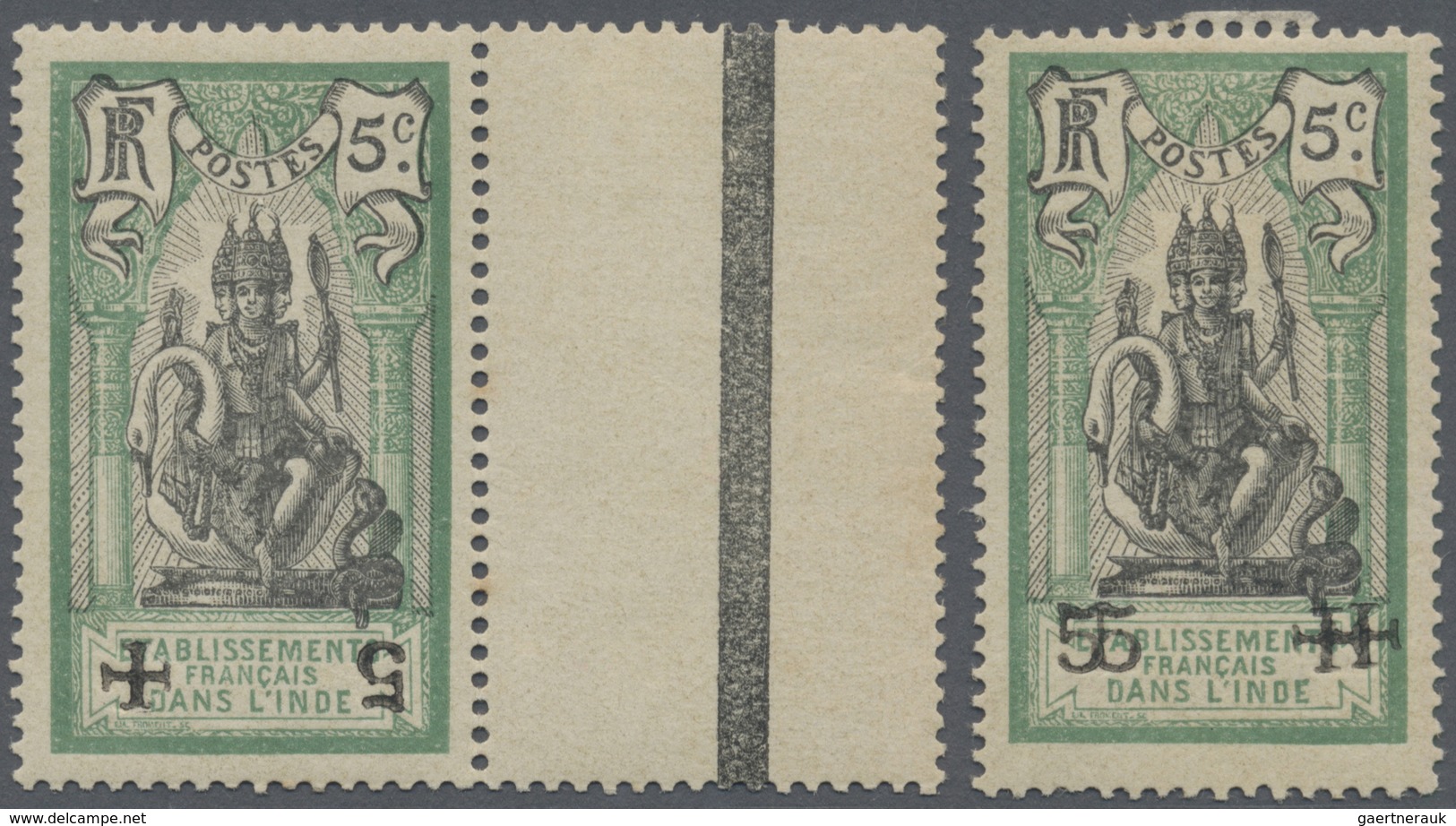* Französisch-Indien: 1915/1916, Red Cross, 5c. Green/black With Black "5 +" Overprint Inverted And Do - Ongebruikt