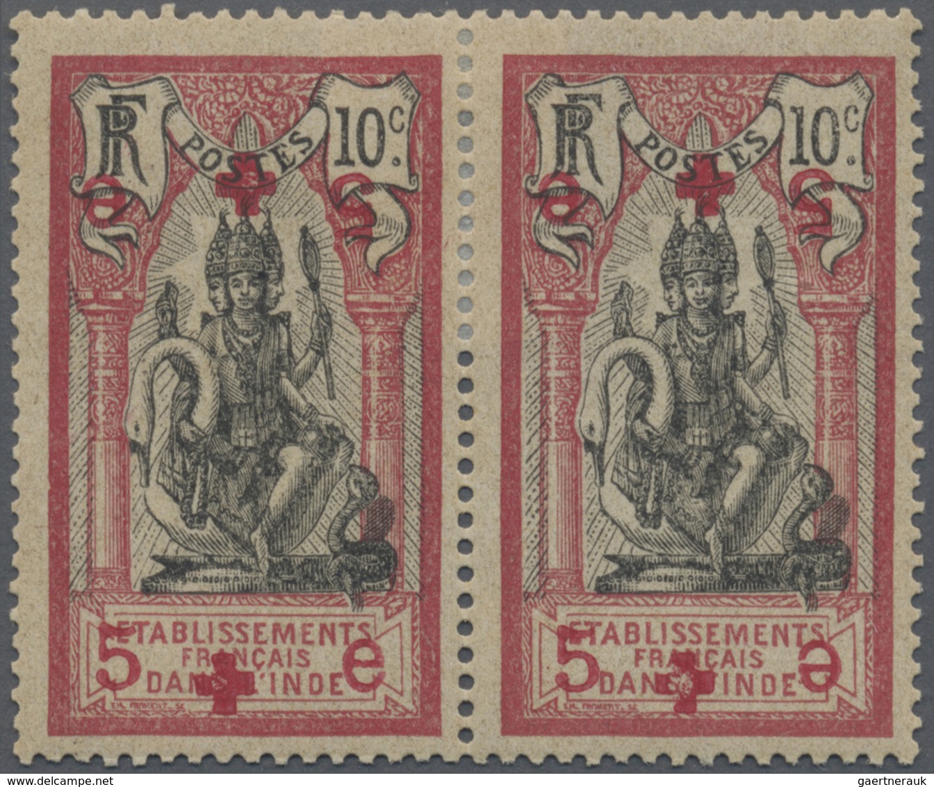 * Französisch-Indien: 1916, Red Cross, 10c. Carmine/black, Horiz. Pair Showing Multiple Varieties: "5 - Unused Stamps