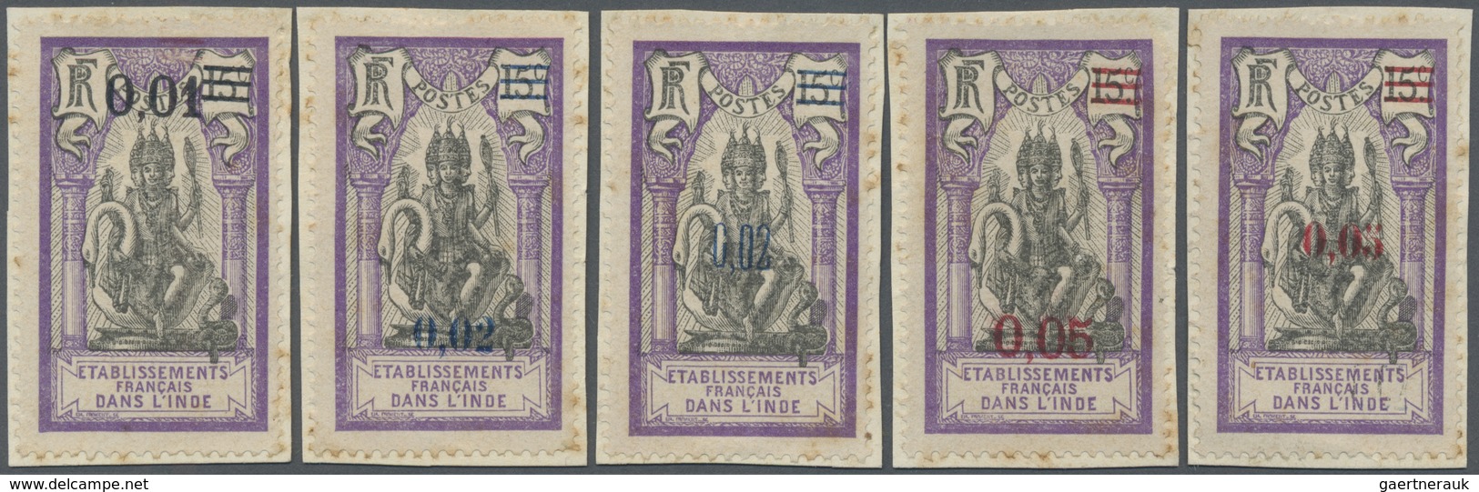 Brfst Französisch-Indien: 1922, Five Different Overprint Proofs On 15C. Violet/black, 0,01 Fr. In Black, T - Unused Stamps