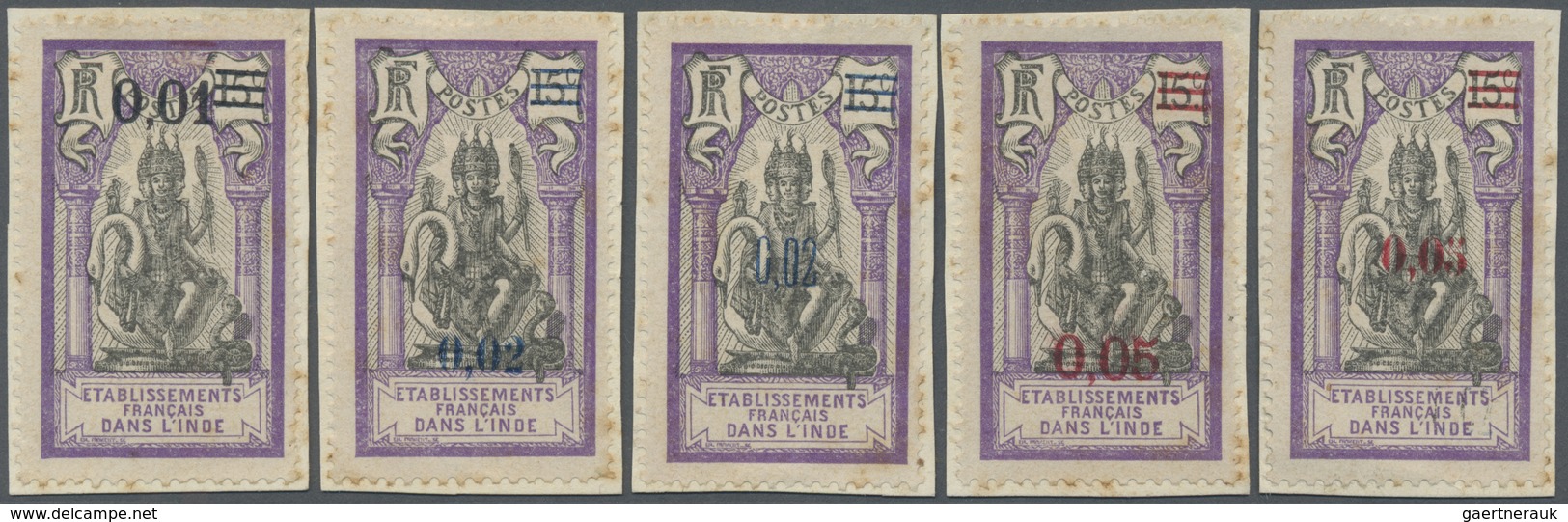 Brfst Französisch-Indien: 1922, Five Different Overprint Proofs On 15C. Violet/black, 0,01 Fr. In Black, T - Ongebruikt